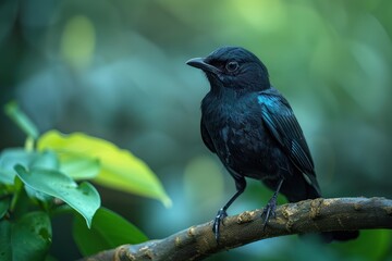 Naklejka premium A Hawaiian crow perched on a branch in a tropical forest, its glossy black feathers and intelligent eyes capturing the essence of this rare bird. 