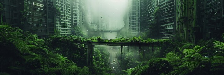 Obraz premium Highway bridge with abandoned city debris with green plants growing. Post apocalypse scene.