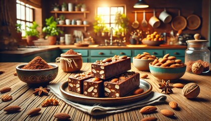 Close-up of cylindrical homemade chocolate nut bars with almonds, captured in a rustic kitchen setting. Ideal for recipe blogs, snack promotions, and food photography.