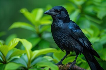 Fototapeta premium A Hawaiian crow perched on a branch in a tropical forest, its glossy black feathers and intelligent eyes capturing the essence of this rare bird. 
