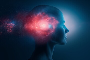 Conceptual image of human mind and creativity with galaxy and cosmic energy in the head symbolizes imagination and innovation.