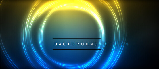 Neon glowing circle rays, light round lines in the dark, planet style neon wave lines. Energetic electric concept design for wallpaper, banner, background