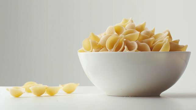Bowl of uncooked shell pasta on white background