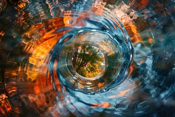 Colorful abstract painting with a spiral in the center. A swirling vortex of colors representing the interconnectedness of nature and human impact.