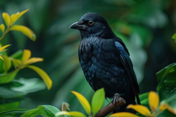 Fototapeta premium A Hawaiian crow perched on a branch in a tropical forest, its glossy black feathers and intelligent eyes capturing the essence of this rare bird. 