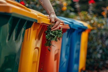 Colorful trash bins with a person's hand throwing a handful of green waste into the green bin.