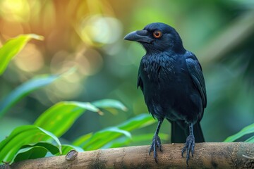 A Hawaiian crow perched on a branch in a tropical forest, its glossy black feathers and intelligent eyes capturing the essence of this rare bird. 