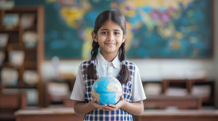 Naklejka premium Indian school girl in class room holding Globe
