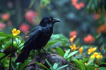Fototapeta premium A Hawaiian crow perched on a branch in a tropical forest, its glossy black feathers and intelligent eyes capturing the essence of this rare bird. 