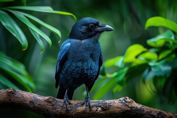 A Hawaiian crow perched on a branch in a tropical forest, its glossy black feathers and intelligent eyes capturing the essence of this rare bird. 