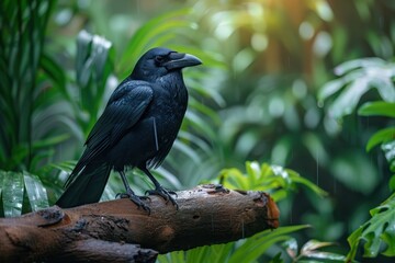 A Hawaiian crow perched on a branch in a tropical forest, its glossy black feathers and intelligent eyes capturing the essence of this rare bird. 