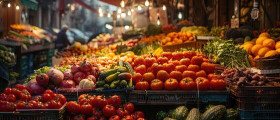 Obraz premium Detailed background of a vibrant food market, full of fresh produce and lively atmosphere, great for culinary and cultural themes