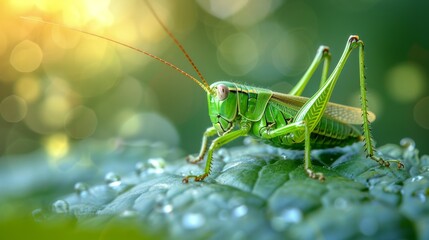 Fototapeta premium Close-up of a vibrant green grasshopper on a dew-covered leaf in a sunlit green garden, macro nature shot