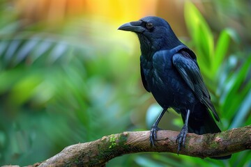 Naklejka premium A Hawaiian crow perched on a branch in a tropical forest, its glossy black feathers and intelligent eyes capturing the essence of this rare bird. 