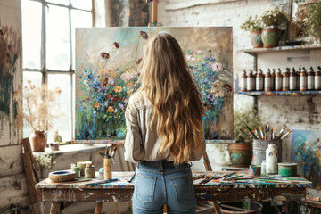 Artist in a studio painting a colorful floral artwork, expressing creativity and passion for art. POV Point of View shooting trend.