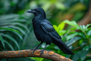 A Hawaiian crow perched on a branch in a tropical forest, its glossy black feathers and intelligent eyes capturing the essence of this rare bird. 