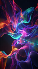 Fototapeta premium 3d abstract twist of neon colors on black background. Blue, pink and orange colors. Vertical color backdrop