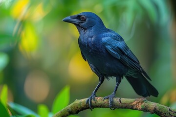 Fototapeta premium A Hawaiian crow perched on a branch in a tropical forest, its glossy black feathers and intelligent eyes capturing the essence of this rare bird. 