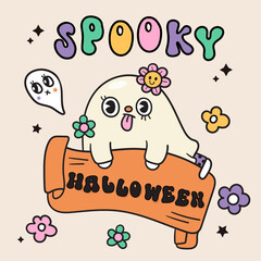 Cute ghost clipart on halloween label groovy halloween kawaii cartoon