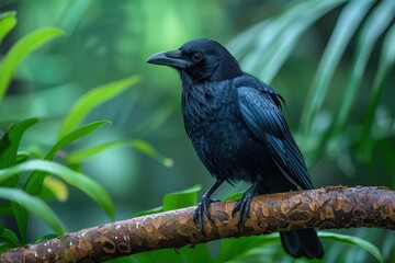 Fototapeta premium A Hawaiian crow perched on a branch in a tropical forest, its glossy black feathers and intelligent eyes capturing the essence of this rare bird. 