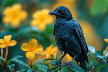 Fototapeta premium A Hawaiian crow perched on a branch in a tropical forest, its glossy black feathers and intelligent eyes capturing the essence of this rare bird. 