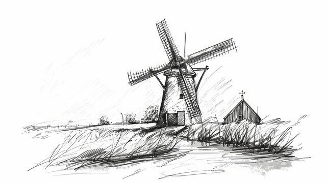 Line art drawing of traditional windmill over white background.