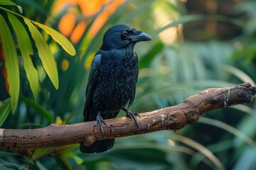 A Hawaiian crow perched on a branch in a tropical forest, its glossy black feathers and intelligent eyes capturing the essence of this rare bird. 