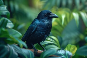 A Hawaiian crow perched on a branch in a tropical forest, its glossy black feathers and intelligent eyes capturing the essence of this rare bird. 