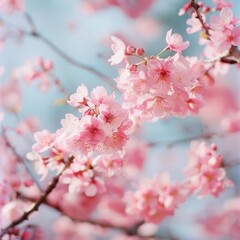 Fototapeta premium Beautiful cherry blossoms in full bloom against a clear sky, showcasing the delicate pink flowers on a bright spring day.