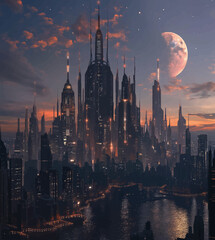 Obraz premium the moon, mega city vew, Generative Aİ