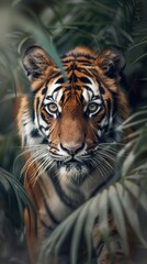 Majestic tiger peering through jungle foliage, showcasing its mesmerizing eyes and beautiful striped fur in a natural habitat.