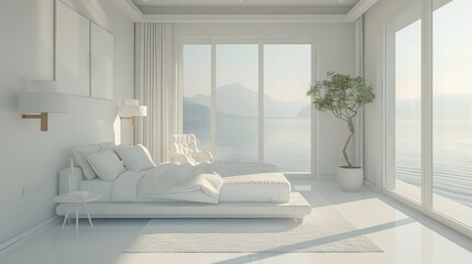 A tranquil white bedroom with minimalist furnishings, designed to promote rest and relaxation. The image provides ample copy space for customization.
