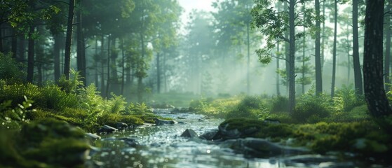 Obraz premium Detailed forest landscape in , highlighting tall trees and a serene river, suitable for nature content