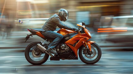 Motorcyclist riding a vibrant orange sport bike through the city streets at high speed, capturing a thrilling sense of motion and urban adventure.