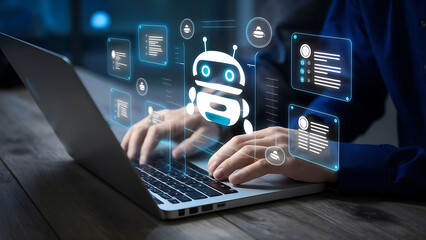 Chatbot conversation assistant. Person using online customer service with chat bot to get support. Artificial intelligence and CRM software technology, customer support center, CONTACT US