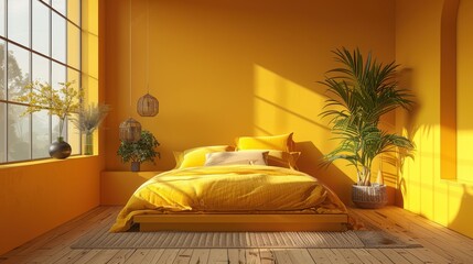 A modern bedroom with a subtle yellow color scheme, designed in a minimalist style with clean lines and uncluttered space. The image offers plenty of copy space for customization, ideal for