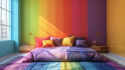 A stylish bedroom featuring a vibrant rainbow color scheme, with minimalist furniture and decor creating a sleek and contemporary look. The image provides ample copy space for adding text or graphics.
