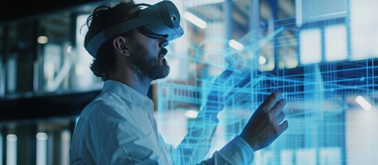 man with virtual reality glasses designing virtual architecture plan