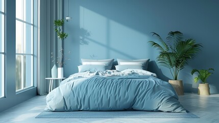 A serene blue bedroom designed in a minimalist style, offering ample copy space and a calming atmosphere.