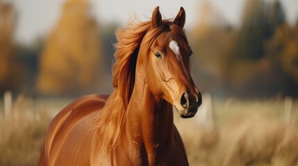 Obraz premium A brown horse with a white face is standing in a field