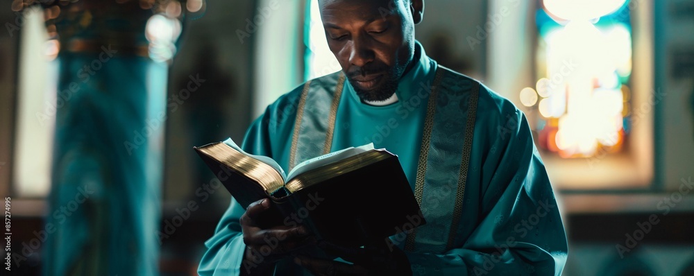 Wall mural african american priest in green robe reading from the bible in a church - Wall murals