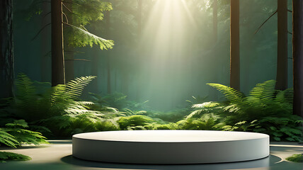  Podium background product green nature 3D forest stand white plant. Cosmetic background product podium display wood jungle studio garden beauty platform presentation mockup pedestal stone tropical 
