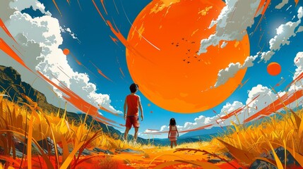 Obraz premium Artistic Painting of Two People by the Ocean Under a Sunset Sky