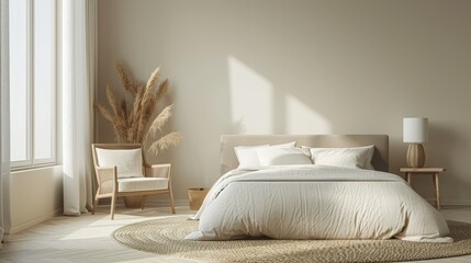 A modern bedroom in soft cream tones, featuring minimalist design elements and a clean, uncluttered layout. The image provides ample space for adding text or graphics.