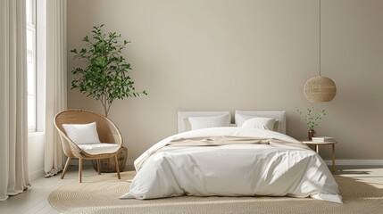A chic bedroom decorated in shades of soft cream, with minimalist furnishings and a clean, uncluttered layout. The image offers plenty of copy space for customization.