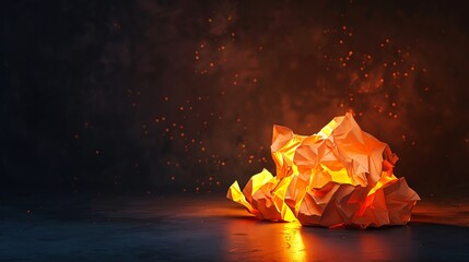 A pile of glowing crumpled paper balls in a dark room, representing discarded ideas, Abstract, Digital Art