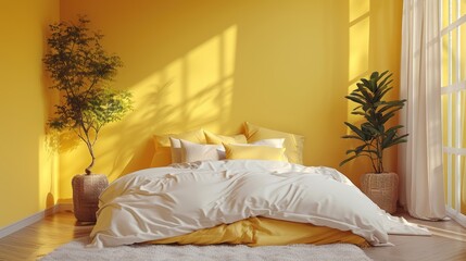 A serene bedroom in lemon tones, featuring minimalist design elements and a clean, uncluttered layout. The image provides ample copy space for adding text or graphics.