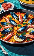 spanish seafood paella, closeup view.