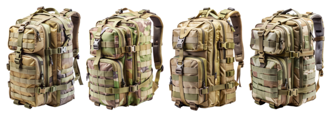 A set of military backpacks isolated on a white background, close-up. Military clothing concept.