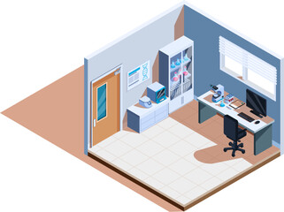 isometric medical laboratory with equipment and furniture, vector illustration